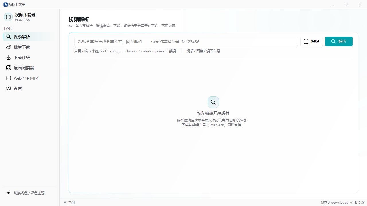 视频下载器主界面：左侧导航与视频解析页